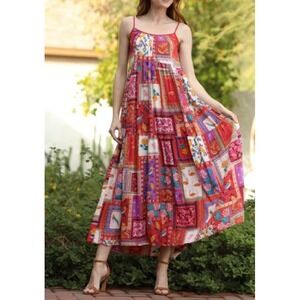 Angie Patchwork Maxi Dress Womens Medium Pink  Boho Tiered Rayon